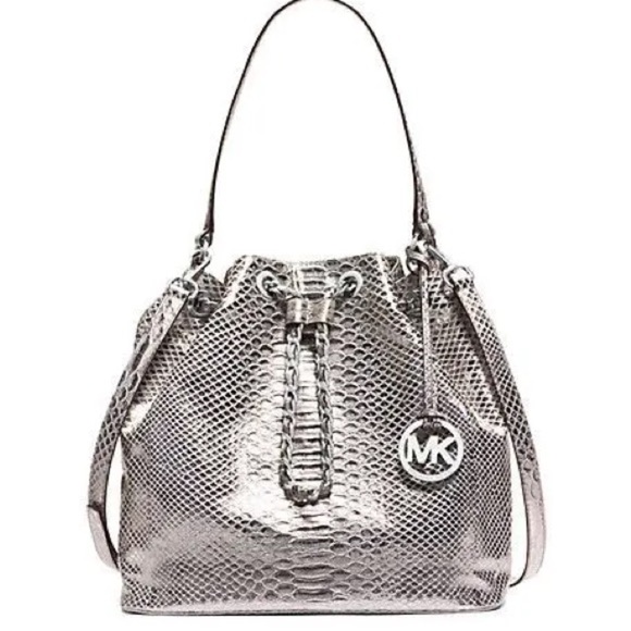 HOSTPICK🩶 Michael Kors Frankie Metallic Silver Leather Snake Print Messenger Bag - Picture 1 of 13